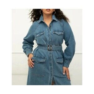 ELOQUII Elements Women Denim Dress Belted Utility Jacket Retro Preppy Sz 14 Plus